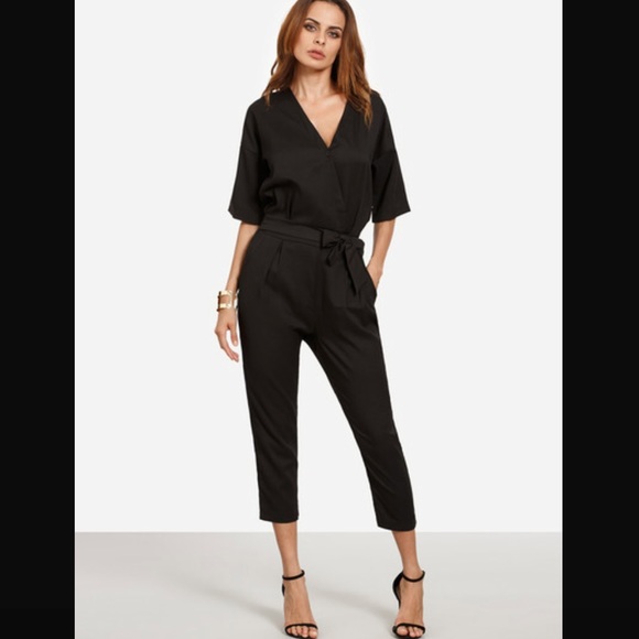 Drop Shoulder Surplice Front Self Tie Jumpsuit - Picture 2 of 7